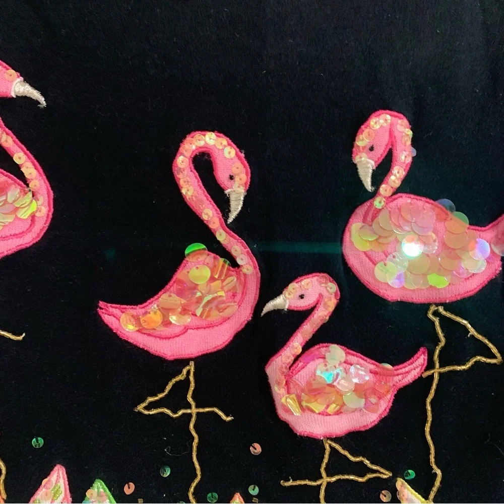 Berek designed by Takako Sakon Vintage Flamingo Beaded Sequins Tropical Top XL - Picture 2 of 11